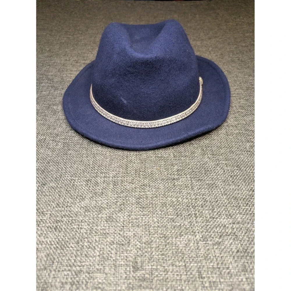 Charming Charlie Blue Wool Fedora Hat Wide Brim Womens Medium Rhinestone Belted